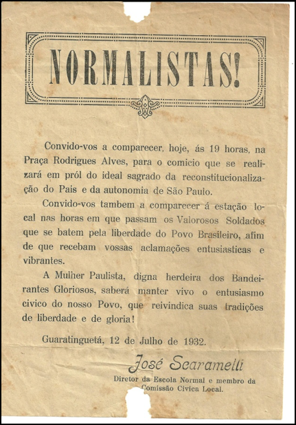 Convite enviado no dia 12 de julho de 1932 por José Scarmmelli, diretor da Escola Normal e membro da Comissão Cívica Local. 